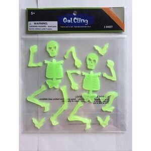 NEW Glow in the Dark HALLOWEEN Window Gel Stickers Clings 15 pc Skeletons Bats!